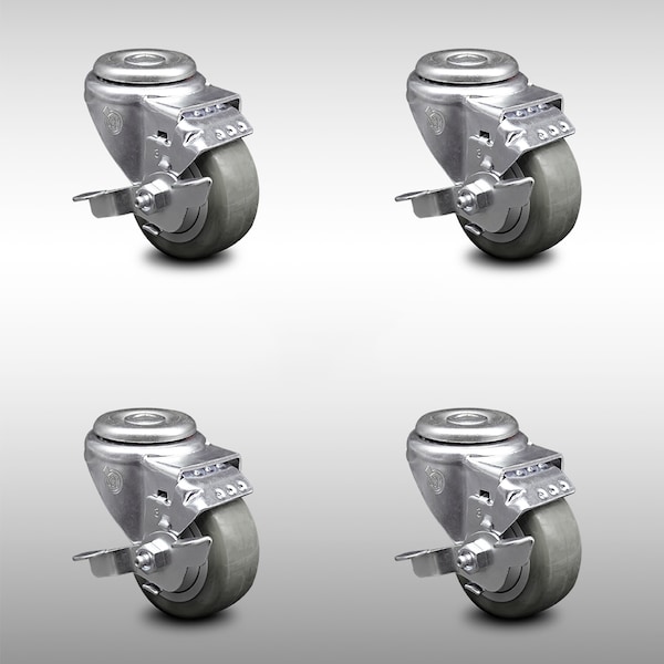 3.5 Inch SS Gray Polyurethane Wheel Swivel Bolt Hole Caster Set with Brake SCC
